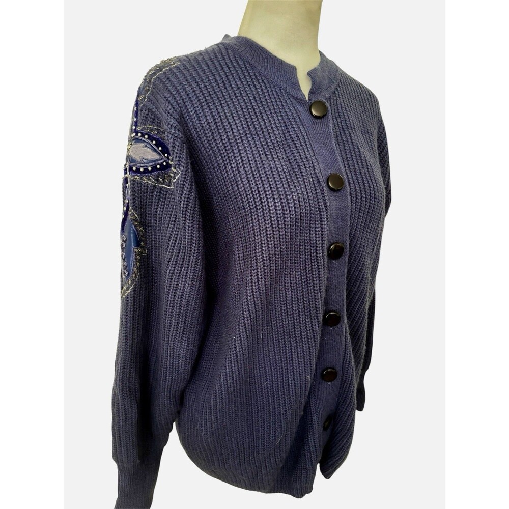 Vtg 80s Vivian Forest Blue Shaker Knit Cardigan Patched Appliqué Sleeves S